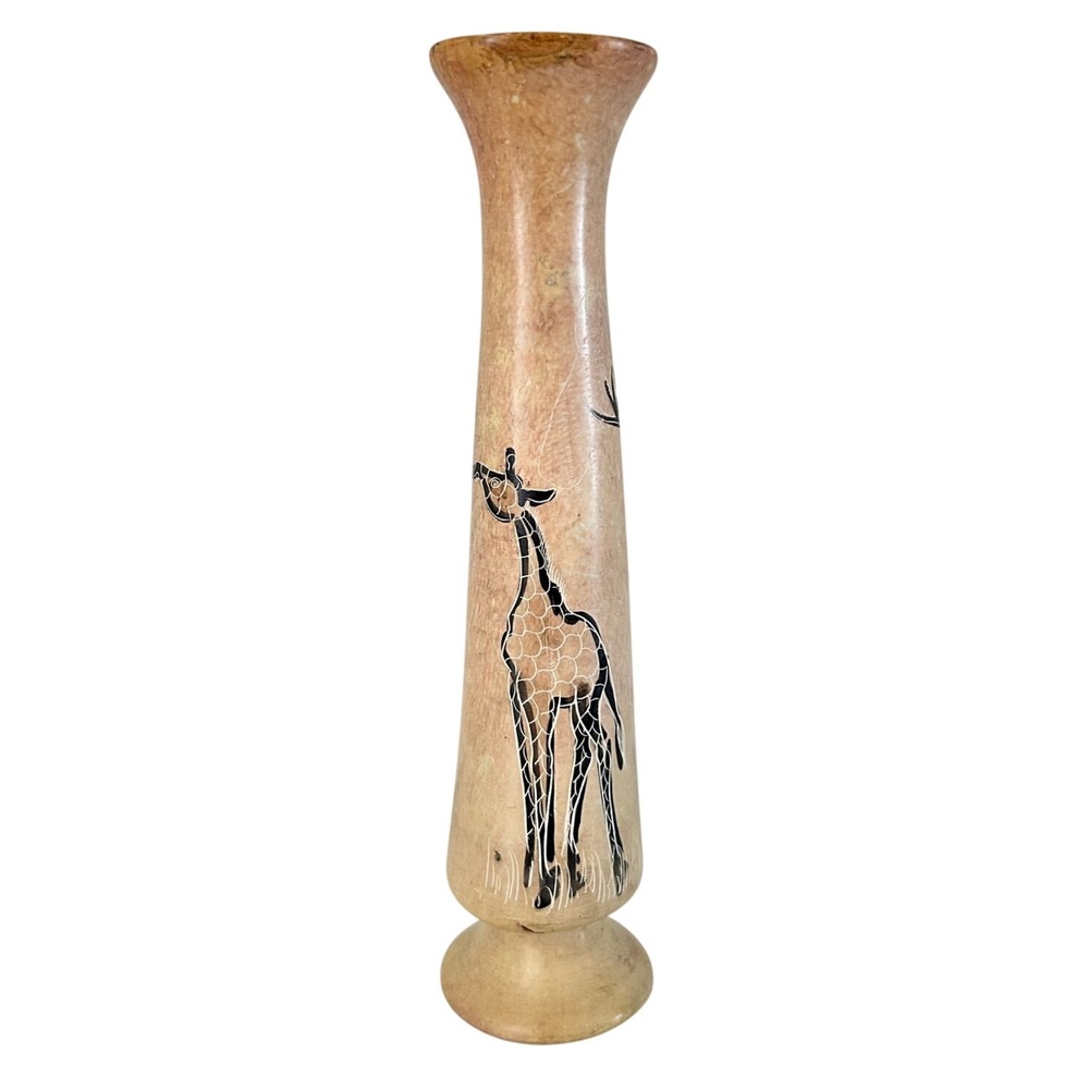 Vintage Hand Carved Soapstone Giraffe 8.5"H Etched Vase African Safari